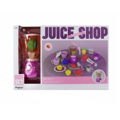 Brinquedo conjunto Juice Shop com liquidificadora rosa e acessórios coloridos em caixa
