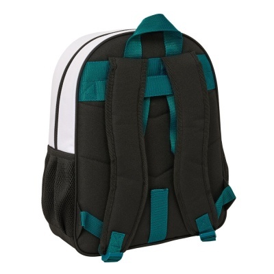 Mochila preta com detalhes brancos e verde-azulados vista de trás