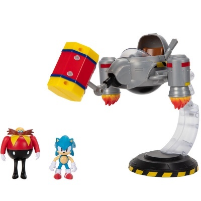 Figuras do Dr. Robotnik, Sonic e veículo prateado com base preta e amarela