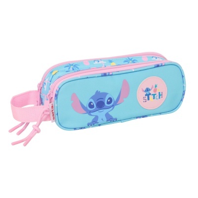 Estojo azul e rosa com personagem Stitch e texto estanque