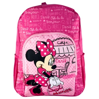 Mochila rosa com desenho da Minnie e palavras em francês