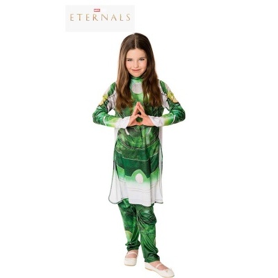 Fantasia infantil Marvel Eternals Sersi verde e branca com menina vestida