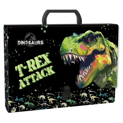 Mala preta com desenho de dinossauro T-Rex e texto T-REX ATTACK