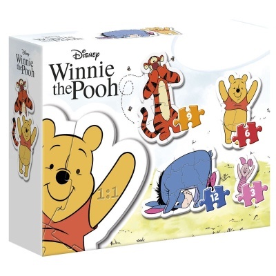 Caixa de brinquedo puzzle Disney Winnie the Pooh com personagens e peças coloridas.