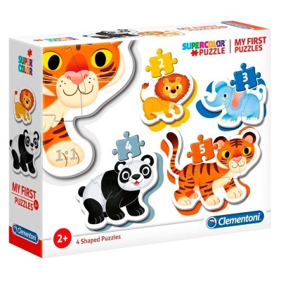 Caixa de puzzle infantil com 4 puzzles de animais coloridos e texto da marca Clementoni