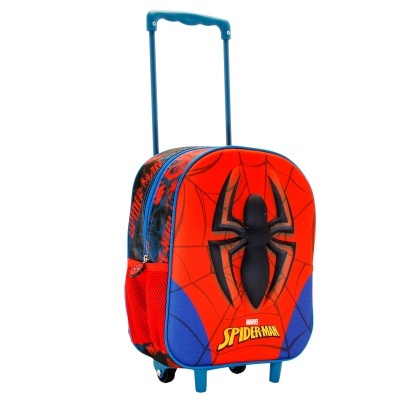 Mala infantil vermelha e azul com aranha preta em relevo e texto MARVEL SPIDERMAN