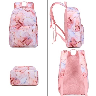 Mochila rosa com padrão marmoreado vista de vários ângulos