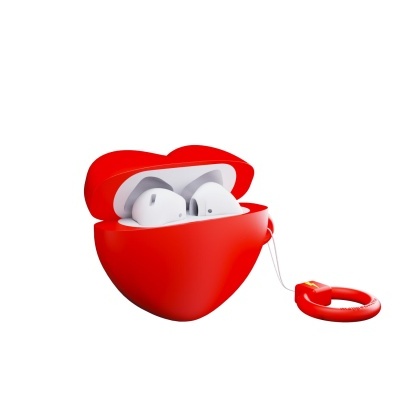 Estojo vermelho em forma de coração com auriculares brancos e argola vermelha