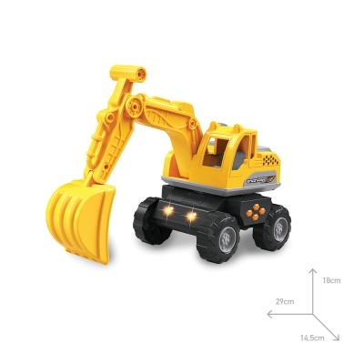 Brinquedo escavadora amarelo com luzes e rodas grandes