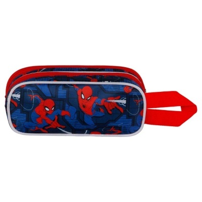 Estojo escolar azul e vermelho com estampas do Spiderman e teias de aranha