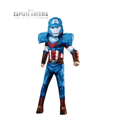 Figura do Capitão América em traje azul e vermelho com capacete azul e letra A branca