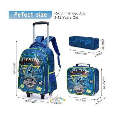 Conjunto azul de mochila, lancheira e estojo com dinossauro, para crianças