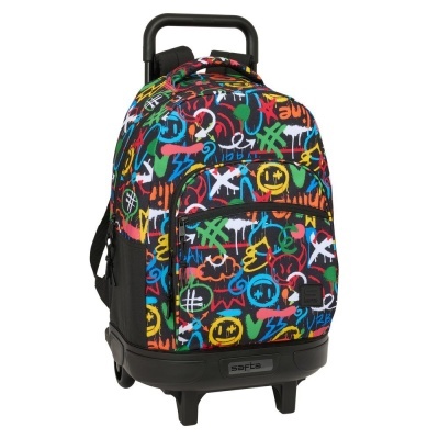 Mochila com padrão grafiti colorido e base preta com rodas