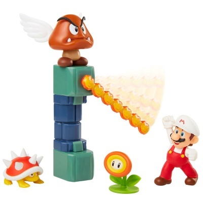 Brinquedos de Super Mario com Goomba alado, tartaruga espinhenta, flor de fogo e Mario com macacão vermelho.
