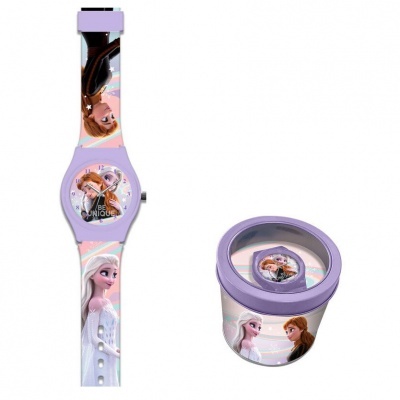 Relógio infantil lilás com personagens Frozen Anna e Elsa