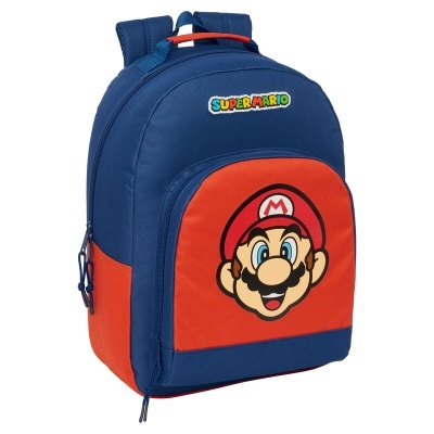 Mochila azul e vermelha com imagem do Super Mario e texto SUPER MARIO