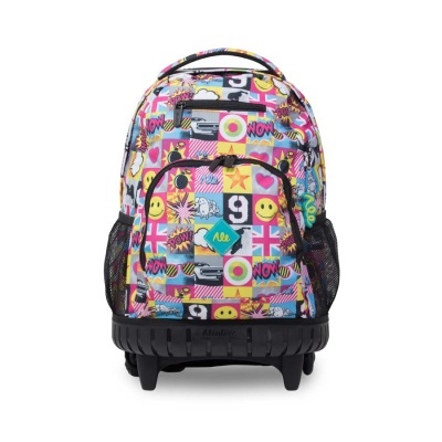 Mochila de rodas colorida com padrão em quadrados e bolsos laterais em rede