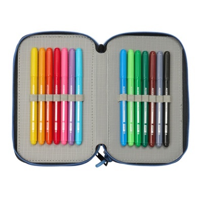 Estojo com 12 canetas de feltro coloridas organizadas e presas em elásticos.