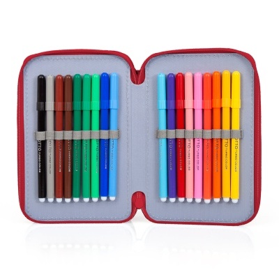 Estojo vermelho aberto com 16 marcadores coloridos de feltro organizados.