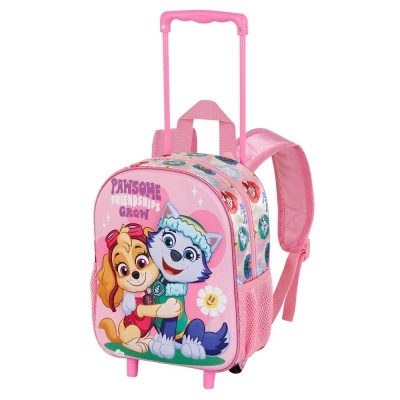 Mochila de crianças cor-de-rosa com personagens de animação e carrinho