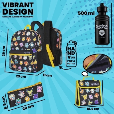 Conjunto escolar Pokémon com mochila, estojo, bolsa térmica e garrafa preta