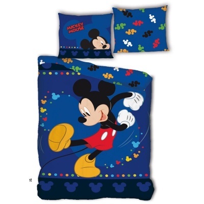 Roupa de cama azul escuro com estampa de Mickey Mouse e almofadas assortidas