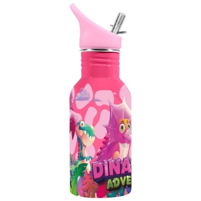 Garrafa infantil rosa com desenho de dinossauros e texto