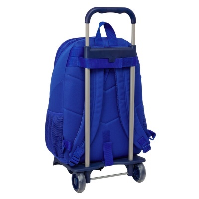 Mochila azul com carrinho de rodas e pega azul escura