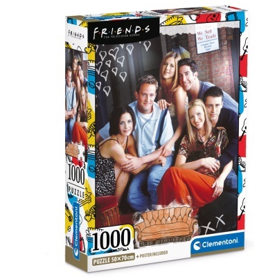 Caixa do puzzle Friends com 1000 peças, imagem dos personagens da série sentados num sofá