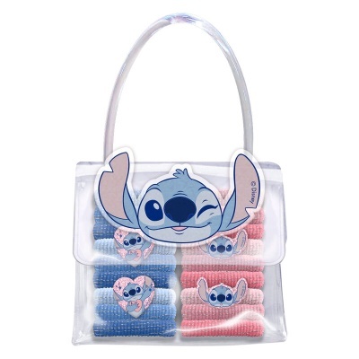 Bolsa transparente com personagem Stitch e molas de cabelo coloridas