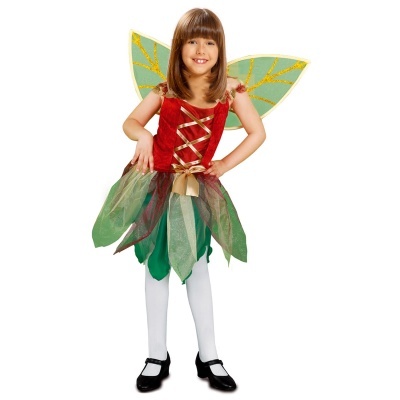 Menina vestida de fantasia de fada vermelha e verde com asas douradas