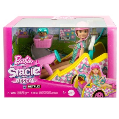 Brinquedo Barbie and Stacie To The Rescue com boneca, animal e veículo colorido em caixa rosa