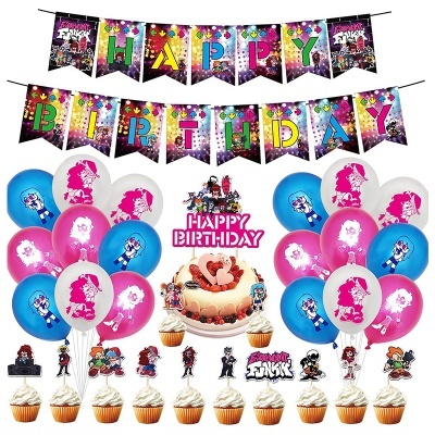 Decoração de aniversário com balões coloridos, bandeirolas Happy Birthday e toppers temáticos