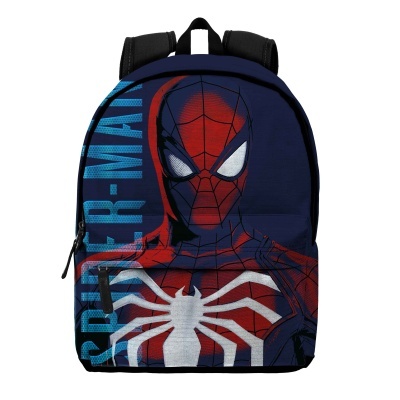 Mochila azul escura com estampa do Homem-Aranha e alças pretas acolchoadas