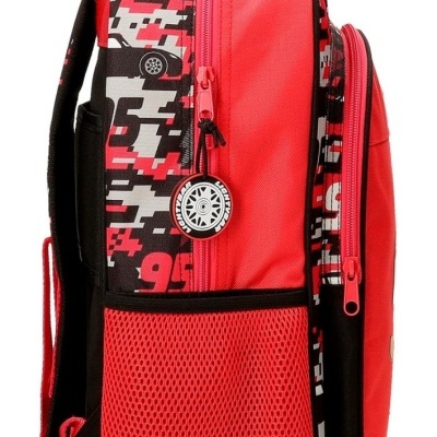 mochila vermelha e preta com padrão pixelizado e bolso lateral em rede