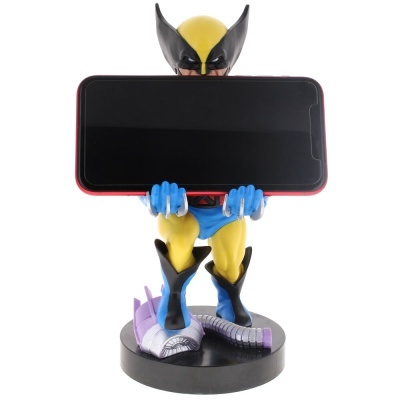 Figura de Wolverine a segurar telemóvel numa base preta