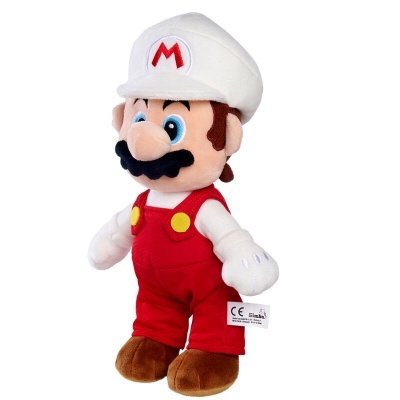 Pelúcia do personagem Mario com fato branco e vermelho e bigode preto