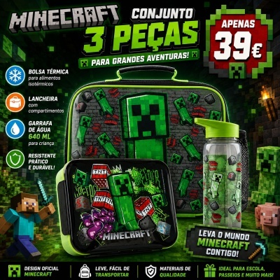 Conjunto Minecraft de 3 peças para lancheira, bolsa térmica e garrafa de água com design verde e preto do jogo Minecraft.