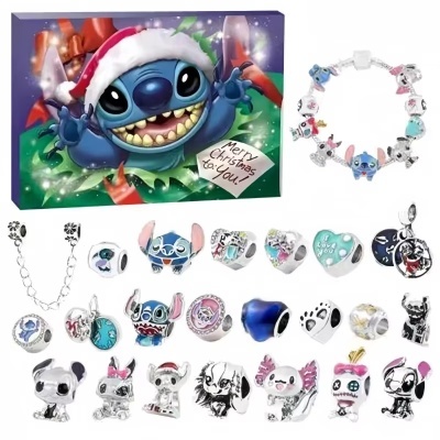 Conjunto de charms e pulseira Stitch da Disney com caixa natalícia