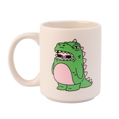 Caneca branca com desenho de dinossauro verde cartoon