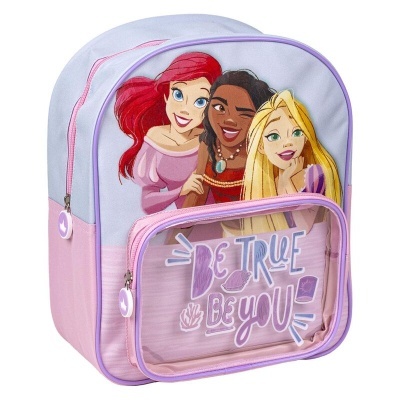 Mochila lilás e rosa com desenho das personagens Ariel, Tiana e Rapunzel e bolso frontal transparente com texto