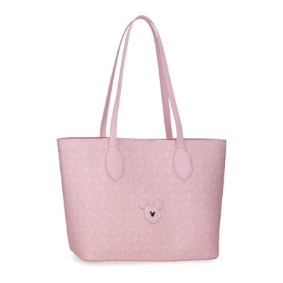 Saco de senhora rosa com padrão Mickey Mouse e alças longas