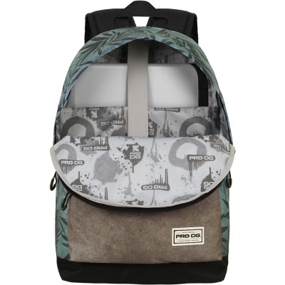 Mochila PRO DG com padrão cinza e branco, bolso castanho e alças pretas