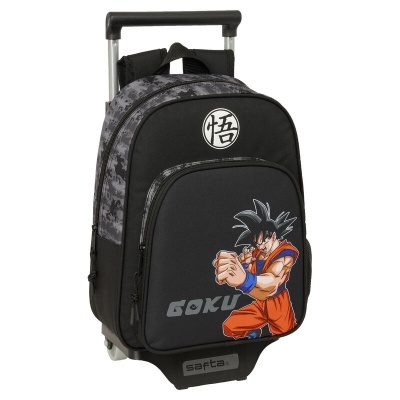 Mochila de carrinho preta com desenho do personagem Goku e texto GOKU