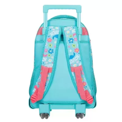 Mochila infantil de rodinhas azul clara com alças coloridas e estampadas