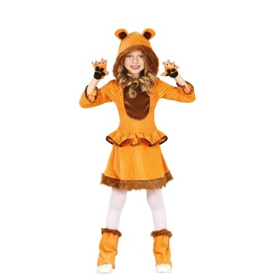 Fato de criança laranja com pormenores castanhos e capuz com orelhas