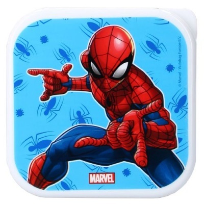 Caixa quadrada com imagem do Homem-Aranha em fundo azul com aranhas