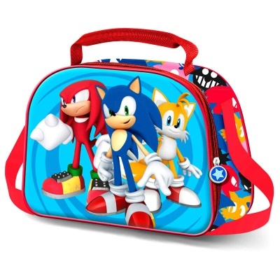 Mala infantil com personagens Sonic, Knuckles e Tails em azul e vermelho