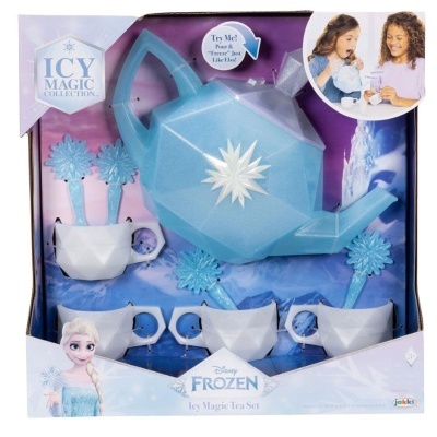 Conjunto de chá Disney Frozen com bule azul claro e quatro chávenas brancas em caixa