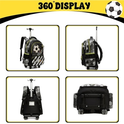 Mochila com padrão hexagonal e imagens de bolas de futebol mostrada em quatro vistas diferentes